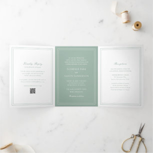 Convite Com Dobra Tripla Florence Sage Green Elegant Wedding
