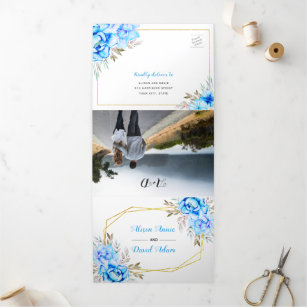 Convite Com Dobra Tripla Flores aqua azul-aqua com casamento RSVP