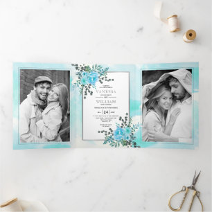Convite Com Dobra Tripla Flores azuis de aqua, folhas de casamento floral n