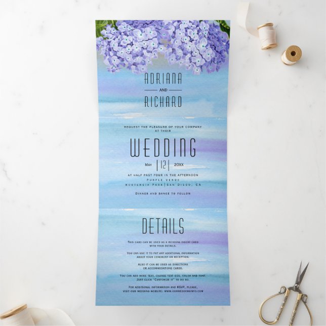 Convite Com Dobra Tripla Flores azuis de hydrangea aquarela casamento flora (Dentro)