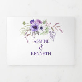 Convite Com Dobra Tripla Flores Brancas de Lavanda Roxa, Flores de Aquarela