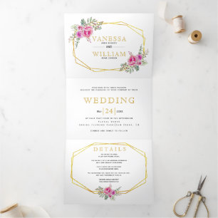 Convite Com Dobra Tripla Flores cor-de-rosa flores douradas casamento geom