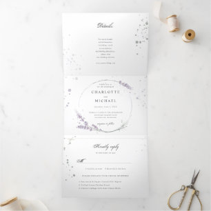 Convite Com Dobra Tripla Flores de Lavanda de aquarela, todas em um casamen