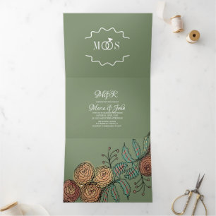 Convite Com Dobra Tripla Flores Modernas de Cravo Tinta Botânica Casamento