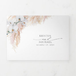 Convite Com Dobra Tripla Flores Rosa e Casamento Elegante de Grama Pampas