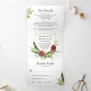 Convite Com Dobra Tripla Flores Vermelhas Cultivam Tudo Em Um Casamento Cri