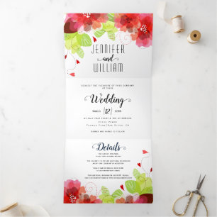 Convite Com Dobra Tripla Flores vermelhas modernas, casamento floral tipogr