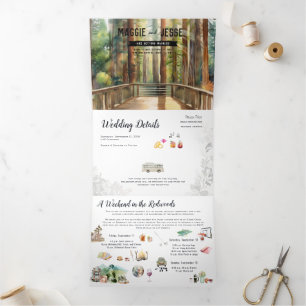 Convite Com Dobra Tripla Floresta de Redwood Rústica Casamento