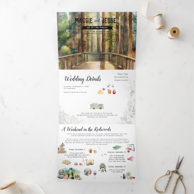Convite Com Dobra Tripla Floresta de Redwood Rústica Casamento (Dentro)