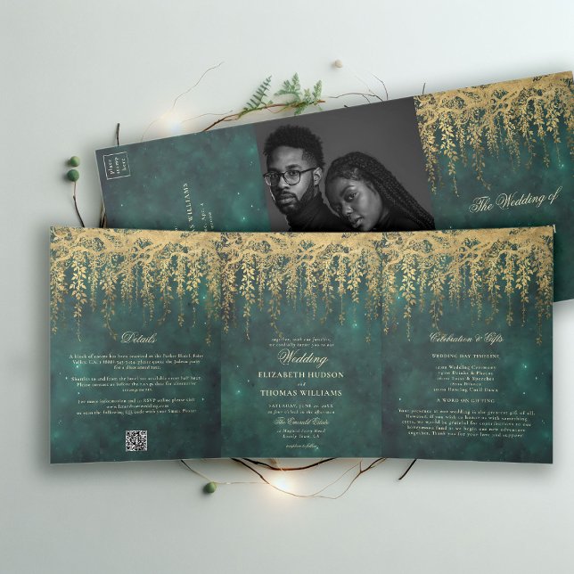 Convite Com Dobra Tripla Floresta Dourada Encantada Greenery Emerald Twinkl (enchanted forest wedding invitation all in one trifold gold greenery emerald green fairy lights chic)