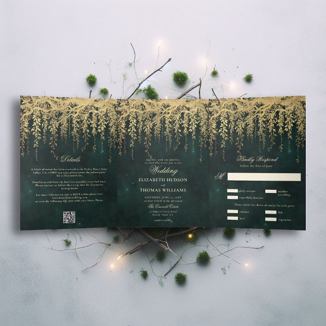 Convite Com Dobra Tripla Floresta Dourada Encantada, verde tudo em um casam (enchanted forest trifold wedding invitation seal send emerald gold branches vines elegant all in one)