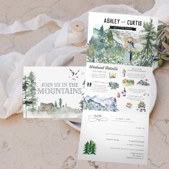 Convite Com Dobra Tripla Floresta Montanhosa Rústica | Casamento (Criador carregado)