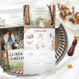Convite Com Dobra Tripla Floresta Rústica de Outono | Casamento Boho