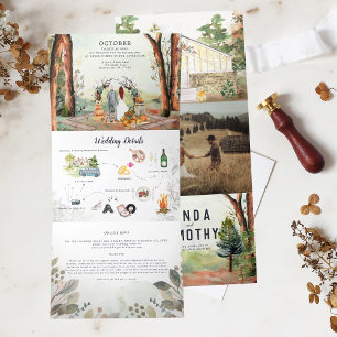 Convite Com Dobra Tripla Floresta Rústica de Outono Casamento Boho
