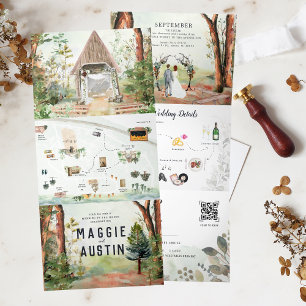 Convite Com Dobra Tripla Floresta Rústica de Outono   Casamento Boho