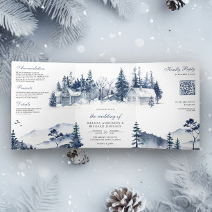 Convite Com Dobra Tripla Foggy Winter Mountain Pine Forest Código QR Casame