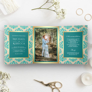 Convite Com Dobra Tripla Foil de Ouro Falso Foto de Casamento em Damask Ver