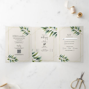 Convite Com Dobra Tripla Folha de Azeitona Verde Osso Branco & Dourado Casa