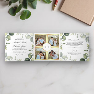 Convite Com Dobra Tripla Folhas Botânicas Fotografia Colagem de Casamento