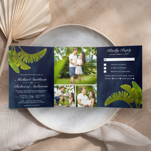 Convite Com Dobra Tripla Folhas de Banana Tropical 3 em 1 Casamento Azul Ma