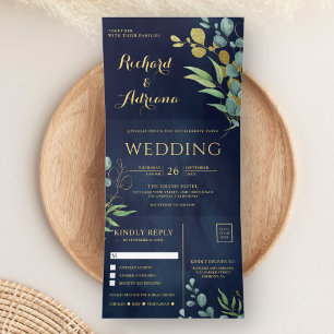 Convite Com Dobra Tripla Folhas de Eucalipto do Ramo Dourado Casamento Azul