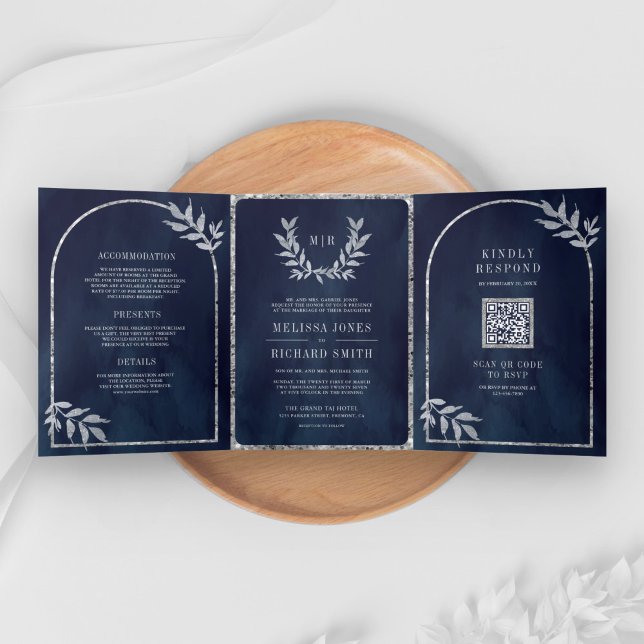 Convite Com Dobra Tripla Folhas de Louro de Prata Casamento Azul Marinho (Criador carregado)