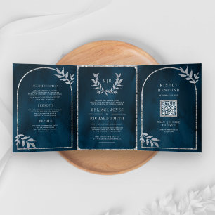 Convite Com Dobra Tripla Folhas de Louro de Prata Coroa Casamento Azul Ocea