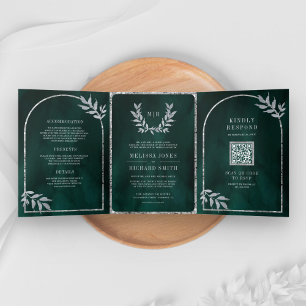 Convite Com Dobra Tripla Folhas de Louro de Prata Coroa de Casamento Verde