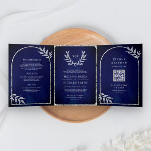 Convite Com Dobra Tripla Folhas de Louro de Prata Grinalda Azul Real Casame