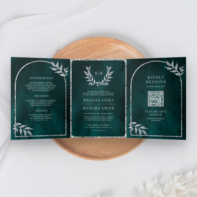 Convite Com Dobra Tripla Folhas de Louro de Prata Grinalda Escuro Casamento (Criador carregado)