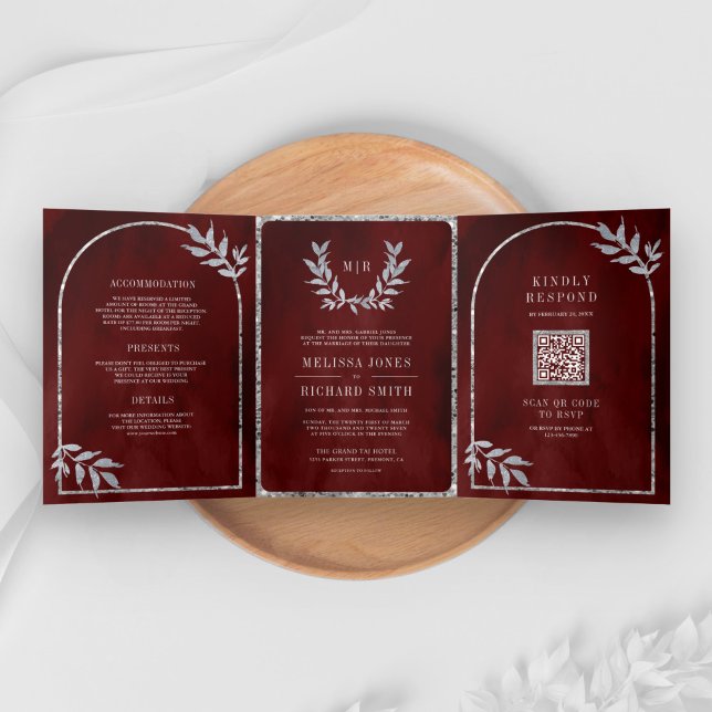 Convite Com Dobra Tripla Folhas de Louro de Prata Grinalda Vermelho Borgonh (Criador carregado)