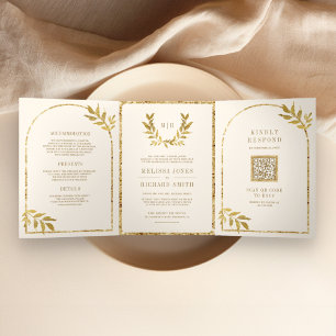 Convite Com Dobra Tripla Folhas de Louro Dourado Creme Casamento