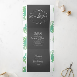 Convite Com Dobra Tripla Folhas de Monstera Verde em Aquarela Moderna para 