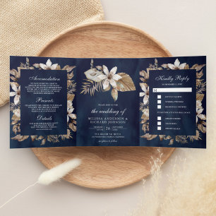Convite Com Dobra Tripla Folhas de Palma Secas Tropicais Casamento Azul Nav