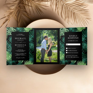 Convite Com Dobra Tripla Folhas de Palma Verdes e Pretas Casamento Tropical