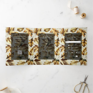 Convite Com Dobra Tripla Folhas Douradas de Amêndoa bege e Casamento outono