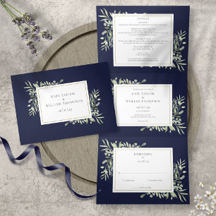 Convite Com Dobra Tripla Folia Verde Botânica Azul Marinho Foto Casamento