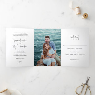 Convite Com Dobra Tripla Foto Chic Casamento Preto e Branco Moderno