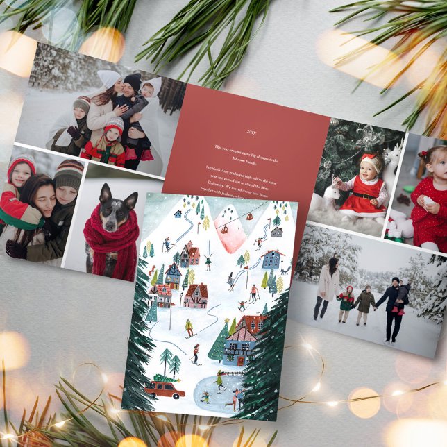Convite Com Dobra Tripla Foto da família natalícia de esqui nórdico (Nordic ski lodge skating Christmas Family Photo Tri-Fold Invitation)