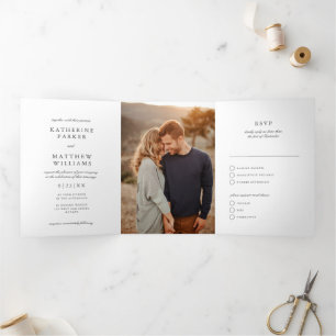 Convite Com Dobra Tripla Foto De Casamento All-In-One Clássico Branco Da El