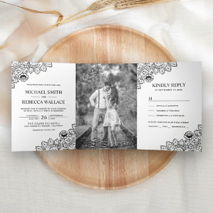 Convite Com Dobra Tripla Foto de casamento com renda branca e preta
