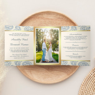 Convite Com Dobra Tripla Foto de casamento em estilo indiano paisley azul e