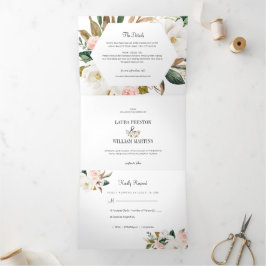 Convite Com Dobra Tripla Foto de Casamento Floral da Magnolia, Cor-de-Rosa