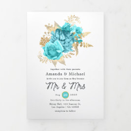 Convite Com Dobra Tripla Foto de casamento floral em azul aqua e dourado