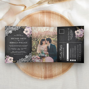 Convite Com Dobra Tripla Foto de Casamento Floral Rosa-Rosa-Rústico