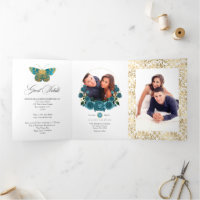 Foto de casamento floral vintage turquesa e dourad