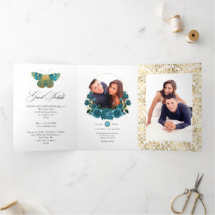 Convite Com Dobra Tripla Foto de casamento floral vintage turquesa e dourad