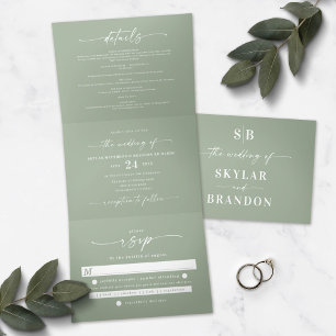 Convite Com Dobra Tripla Foto de casamento minimalista em verde sálvia All