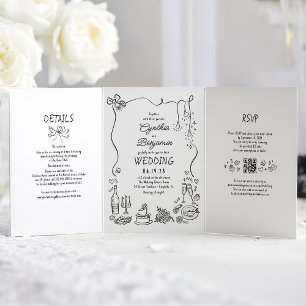 Convite Com Dobra Tripla Foto de Casamento Moderno das Doodles Whimsical