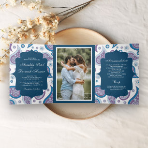 Convite Com Dobra Tripla Foto de Casamento no Estilo Indiano com Paisley Az